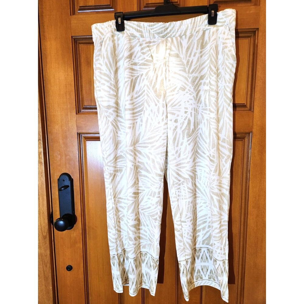 Belle Beach White & Tan Pants Leaf Print Wide Leg Pull-on Women's Size 1X Petite